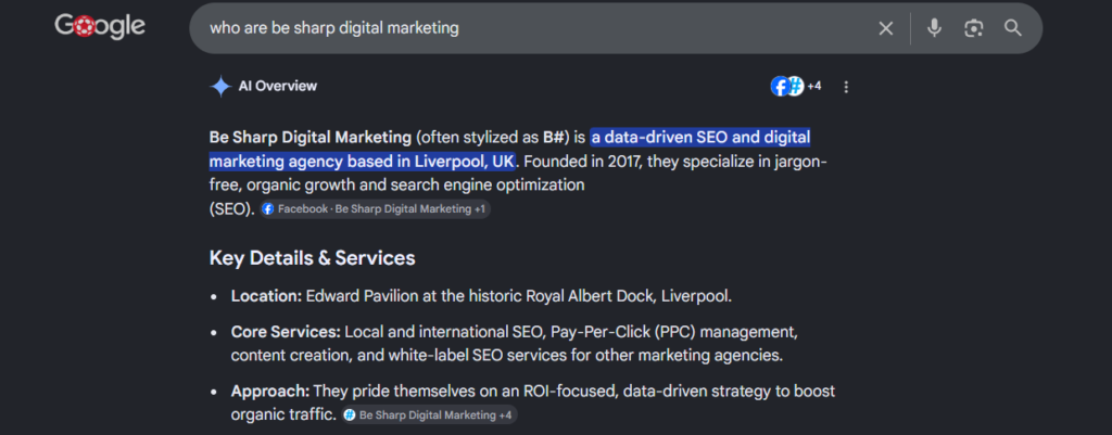 Google AI Overview for Be Sharp Digital Marketing
